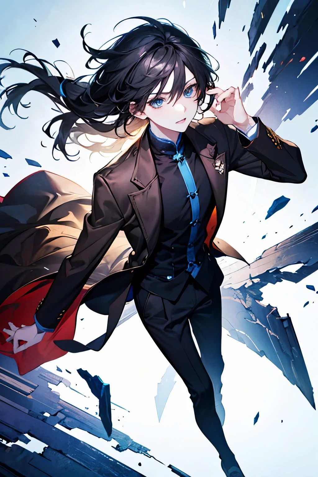 A close-up photo of a person , I'm wearing a black shirt and brown jacket., Handsome girl from Touji Fushiguro, He has dark gray hair, Guwaze style artwork , tall anime character with blue eyes, girl animation style , animation style, Anime Handsome Girl, Delicate and neutral princess, Beautiful androgenus princess, sweaty suit made by Animation Painter Studio. 4K. 고화질. full body. various poses