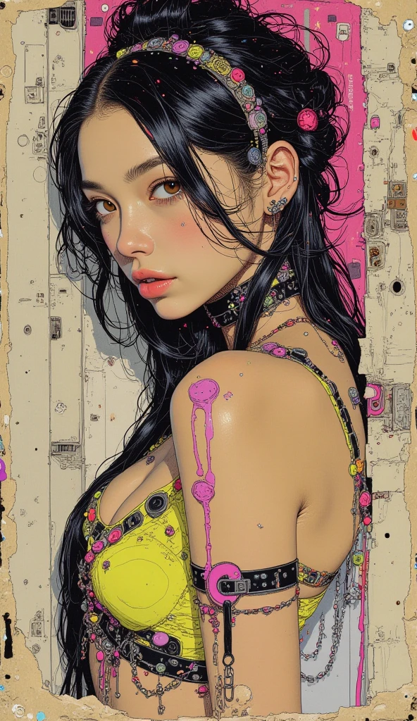 (work of art, maximum quality, best qualityer, offcial art, comely, cosmic, atmospheric, psychedelic, dreamlike and aesthetic, swirling psychedelic cosmic graffiti patterns:1.2), (1 girl), extremely detaild,(Fractal Art:1.3),colorfully,More Detailed, "(best qualityer, 8K, 32k, tabletop:1.3), ultra detali, (photorrealistic:1.4), Pink and white colors, perfect color scheme, albino, punk rock girl, detailed eyes in the moonlight, trunk, Luxurious Black Punk Hair, Harajuku-inspired punk rock fashion, super huge enormously gigantic , cleavage showing, Avant-garde makeup, Numerous piercings, Heavily tattooed body, swirling psychedelic cosmic dreamlike graffiti pattern background
