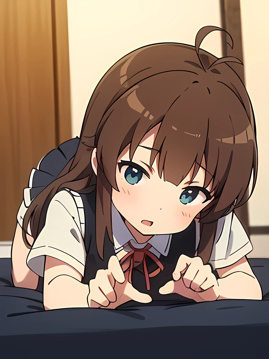 (masterpiece, top quality), EXTREMELY detailed CG Unity 8k wallpaper, high definition, bold composition, masterpiece, best quality, amazing quality, very aesthetic, high resolution, ultra-detailed, absurdres, newest, scenery, depth of field, voLumetric lighting , artistic composition, Anime screencap, Flat animation, 1 girl, on all fours, looking at viewer, from bottom, from front, anime, high definition, pointing, bedroom, close-up of hand, Japan, high definition, embarrassing, EdobUruseiYatsura, nonkomari, dwarf, little_girl, , school_uniform, sweater vest, neck ribbon, brown_hair, long_hair, green_eyes, blush, antenna_hair, bangs, short legs, , gray skirt, face_up, 5 heads tall