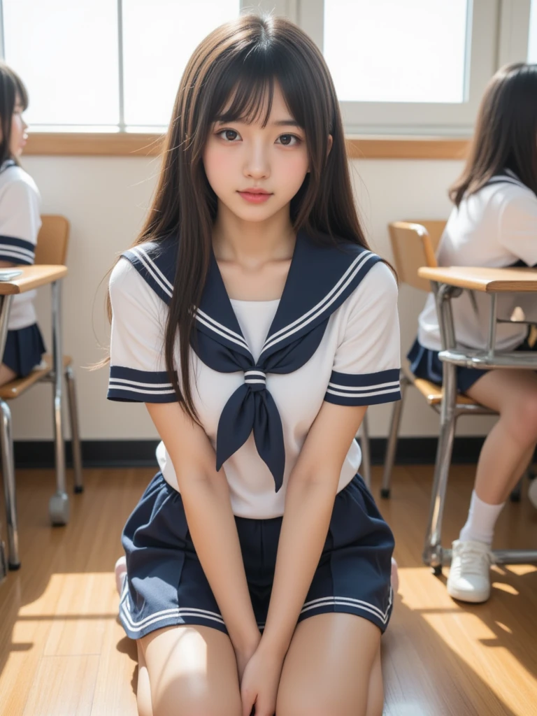 In 8K,highest quality,The true picture,Intricate details,Ultra-high resolution,Depth Field,Masseter region,Natural soft light,Professional Lighting,1 girl,(cute:1.2),Very beautiful 1 girl, ((Beautiful eyes with attention to detail)),(Black Hair),(bangs),Perfect Skin,Shiny skin,Pure white skin,Fine skin, (((Panty flushing)),((Perfect Anatomy,Nice hands,Perfect hands)),Perfect Seduction,Delicate legs,Perfect Proportions,cuteランジェリー,((Japanese Sailor Suit)),((Uniform Mini Skirt)),(tie),Black socks,Chano Leather Shoes,classroom, Tabletop,I can see your crotch,Show me your panties in the street,Sit with your knees raised,Spread your legs in an M shape,((White panties are visible)),Thighs,(Shooting from below:1.5)