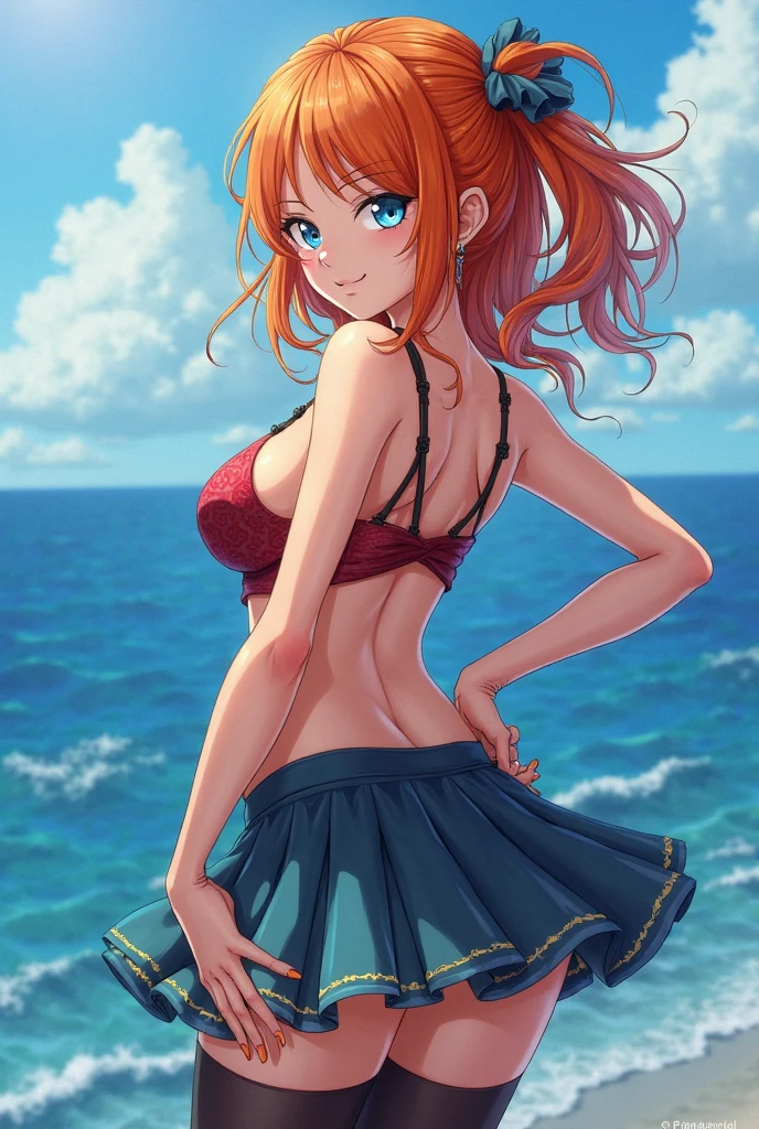 An arafe woman wearing a bikini top and super miniskirt and holding a sword, nami one piece, beautiful portrait of nami, Nami of one piece,Nami in super miniskirt, Detailed Digital Anime Art, Cute exirobat showing white pants, Very detailed ArtGerm haha, deviantart artstation cgscosiety, realistic bikini, Swimsuit, fanart best artstation, ArtGerm. high detailing