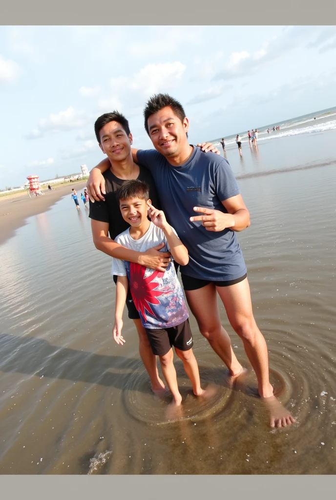 2 Vietnamese grandfathers with gray hair, mature face, a thick gray mustache, a short gray chin beard, bear body, wearing a massive bulging gray jockstrap stand in the beach, have belly, big muscular chest, a sexy pose, show underwear.
