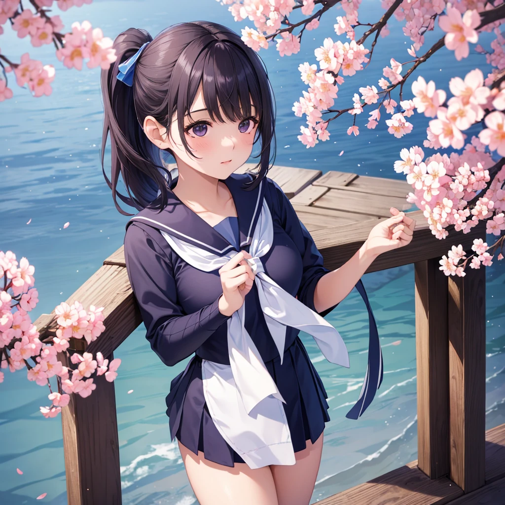 8 year old girl, Solitary, rest， Double tail, Black Hair, Bangs, Long eyelashes, beautiful eyes, full，Yellow and black， lips, Meat Leg, permanent, hair clipss, Uniforms，Japanese sailor suit，Knee socks, Lando Seru Backpack,(many, Impressionism, painting)、Disheveled、Clothing that fits snugly,Chest contour、(((Wet clothing))(((Ultra-thin clothing))),((Flesh outline)),Grinning