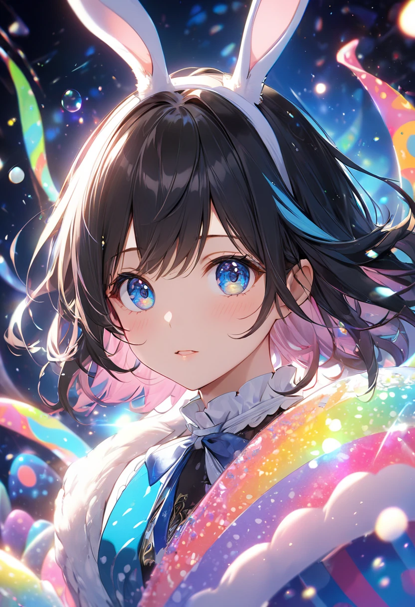 {{masterpiece}}，    Top Quality ，      High Definition CG Unity 8K Wallpaper ，Sweet girl， upper body ，   Film script  ，      lens flare glow      ，        beautiful detailed eyes   ，髪のcolor，color鮮やかな光，Microparticles，（color：1.5），（髪のcolor:1.5),      perfect body ，     perfect face in the tentacle room，  ，   light in my eyes      ，colorful shiny spots，    sharp eyes，  gently on your ，    Red Lashes on My Cheeks       ，     Standing Face ， long jet black hair,    blue eyes,  , long wave hair,   ears,Easter,Furi Furi Clothes Rabbit