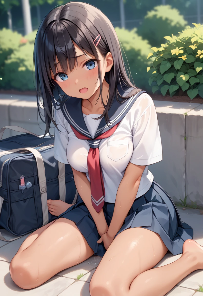 (NSFW:1.5), (Masseter muscle part:1.3)、(highest quality:1.4)、High resolution、(eye)、(Facial feature details)、(Details of garment features)、solo focus、bangs、snug、(shiny skin) )、(slender girl)、lifelike、(highly detailed illustrations)、check comments、comment request、(in the school classroom、blackboard、window、desk and chair)、no text、VirtualGirl-Rin、(slight smile、embarrassed look、look of confusion、Respect)、(soft breasts、round protrusion in the center of the areola、small areola)、(black haired、ponytail and ribbon)、choker、1 mother、cute、high school girl、(The chest is covered with a transparent white sailor suit、dark blue pleated mini skirt) 、、(Black knee-high socks that cover from calf to toe、student loafers)、(Bend both knees and squat、spread legs、Straight neck with back and hips)、((Squatting in a transparent puddle on a desk、Spread your legs and look at the puddle,,、There is a clear puddle with a diameter of 45 cm below the waist.))、 (Her genitals and asshole are covered with transparent tiny white wet underwear、Liquid dripping from the crotch)、A person appears on the screen、correct amount of limbs、butt hole emphasiaintain posture with hands、from below、横eyeで振り返る, chest comes out, (spread your pussy:1.1)