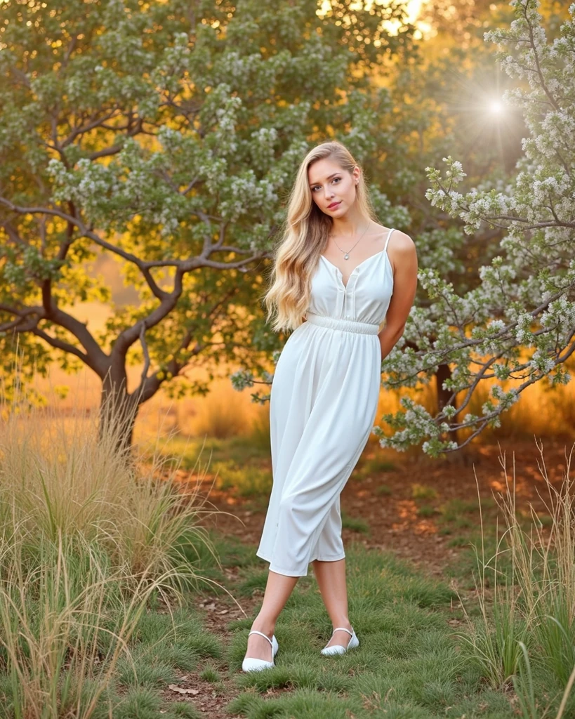 masterpiece, high quality, 8k quality, ultra detail, 1girl, Makeup, highest quality, blonde twintail hair, emerald green eyes, high heel shoes, white sweater dress, standing model pose, full body shot, beautiful face, calm expression, long legs, garden backdrop