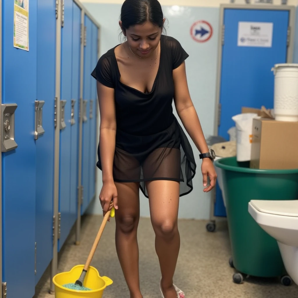 Woman in bikini and rubber gloves cleaning a building, 3 Brazilian mother of 5 years, Mulher de 30 anos de Cuba, ebony style, imagem de perfil, Dona africana da domme, mid-transformation, Instagram, extremamente limpo, ela tem cerca de 6 0 anos