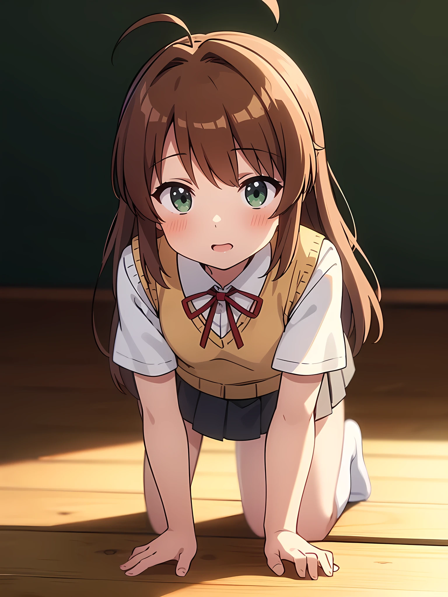 (masterpiece, top quality), EXTREMELY detailed CG Unity 8k wallpaper, high definition, bold composition, masterpiece, best quality, amazing quality, very aesthetic, high resolution, ultra-detailed, absurdres, newest, scenery, depth of field, voLumetric lighting , artistic composition, Anime screencap, Flat animation, 1 girl, on all fours, looking at viewer, from bottom, from front, anime, high definition, pointing, bedroom, close-up of hand, Japan, high definition, embarrassing, EdobUruseiYatsura, nonkomari, dwarf, little_girl, , school_uniform, sweater vest, neck ribbon, brown_hair, long_hair, green_eyes, blush, antenna_hair, bangs, short legs, , gray skirt, face_up, 5 heads tall