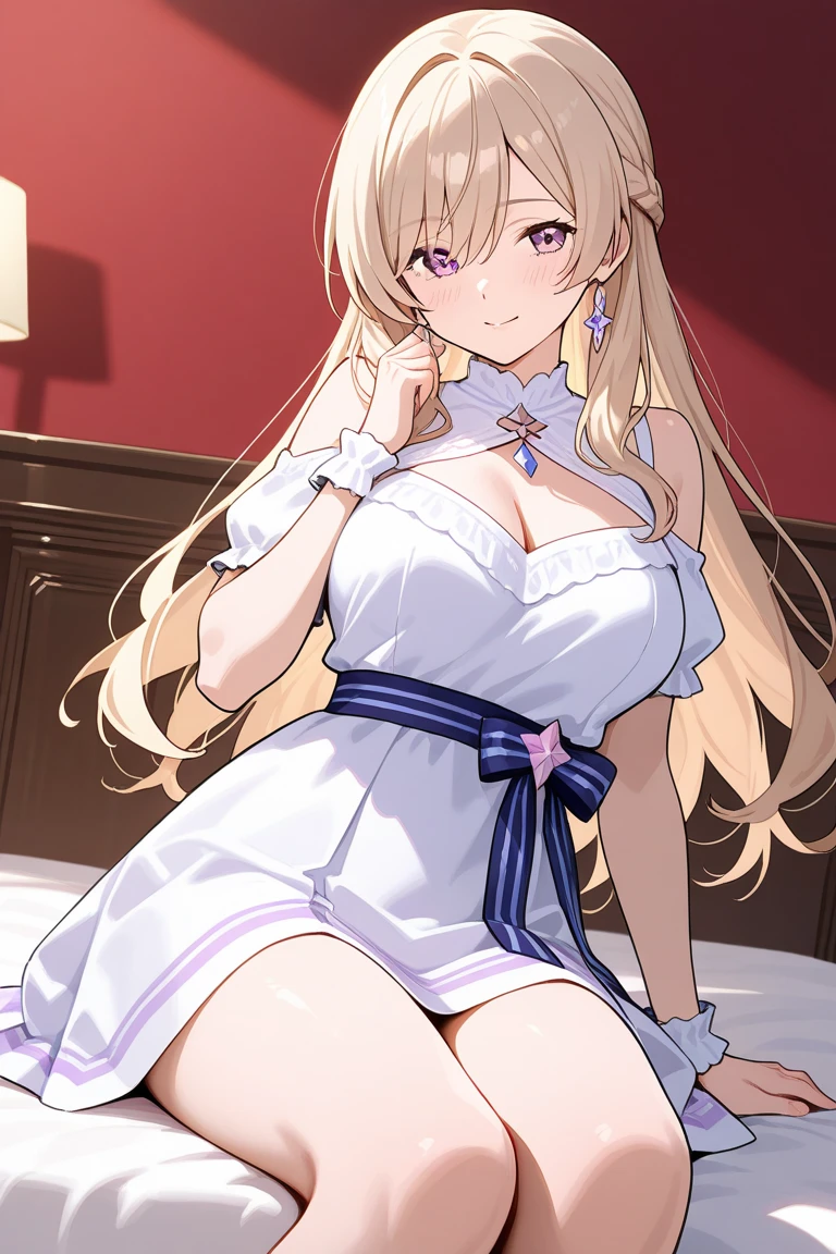 (descriptive: a cute girl, soft lighting, seductive pose, blond or white hair with colorful details), (masterpiece), (8k wallpaper CG UHD), (best artist), (best quality), (best luminosity), (best desinger), (best style), purple violet eyes