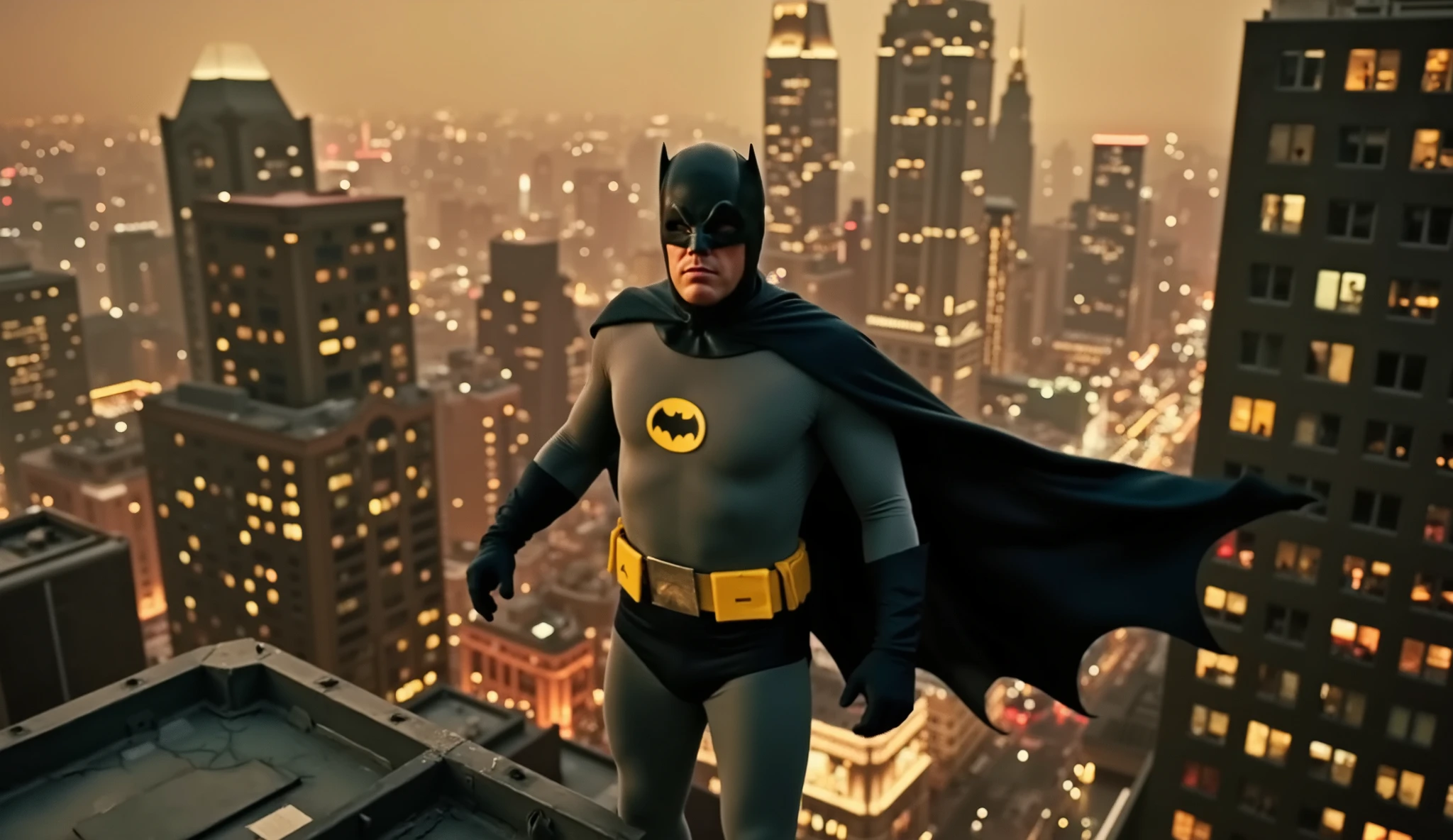 1950s Panavision 70 mm, low angle, AFFLECK24 as batman60s in classic costume standing on top of a building at night in gotham, 1950s era,