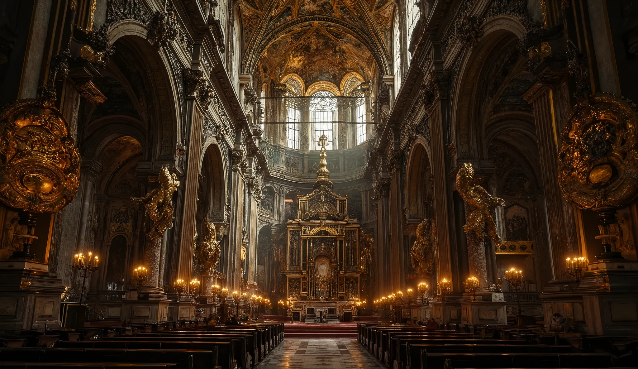  grand, ancient cathedral from the Baroque era, viewed from the entrance, showcasing the entire majestic interior, high ceiling adorned with intricate Leonardo da Vinci-style angel frescoes, ornate antique decorations with gold and marble details, dramatic candlelit ambiance with flickering flames on the altar, dark mystical atmosphere with soft glowing light, overwhelming and sacred, ultra-detailed, 4k resolution, cinematic composition