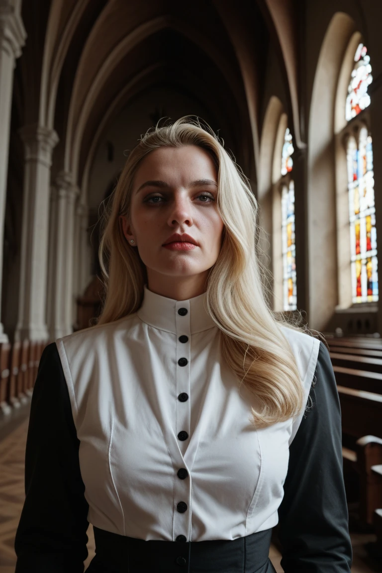 European woman, closeup, sandals, (shirt), pants, ((inside a church: 1.2), stained glass), ZM_petra, wide shoulders, perfect face, (contact iris: 1.1), pale skin, skin pores , depth of field