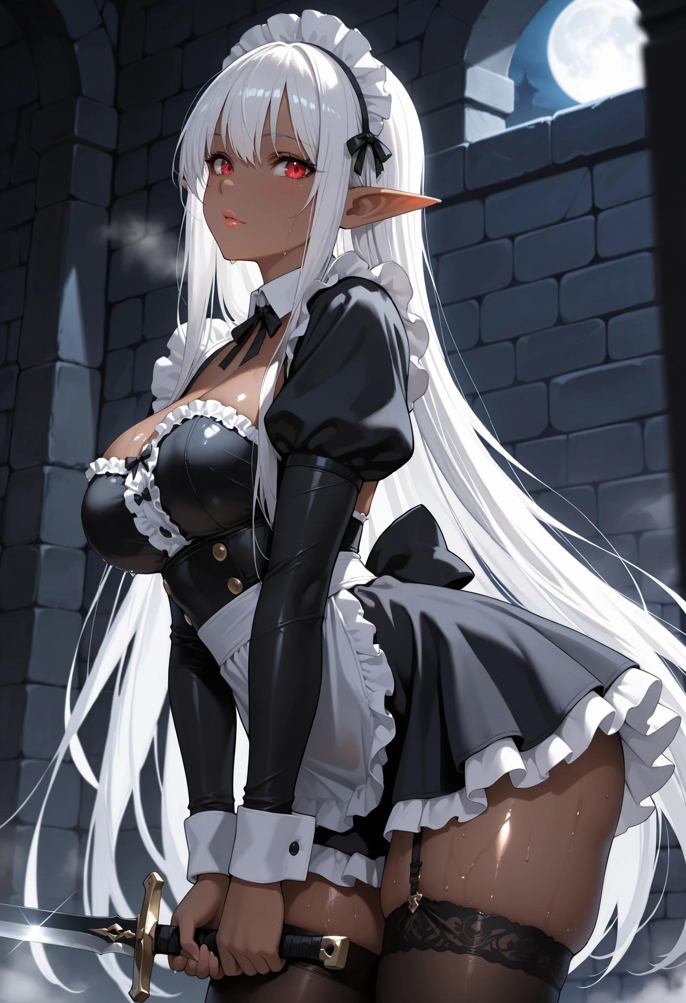 drow, female, pointy ears, solo, elf, colored skin, looking at viewer, ((((maid)))), ((short hair)), dark elf, breasts, white hair, ((((big breasts)))), ((((dark grey skin), showed chest, ((black stockings)), spread legs, ((Lifts up her dress, showing pussy)), fucked thousand times, tired, scared, rolling eyes, crying, opened mouth, tongue out, cum overflow, covered in cum, cum in mouth, kidnapped))), ((red eyes, glowing eyes,)) lips, (best quality)), ahegao, drooling, saliva, blush, shows chest, masterpiece, best quality, highly detailed, (8k), (4k), HDR, beautiful detailed girl, beautiful detailed face, beautiful detailed eyes, masterpiece, perfect skin, shiny skin, perfect hands