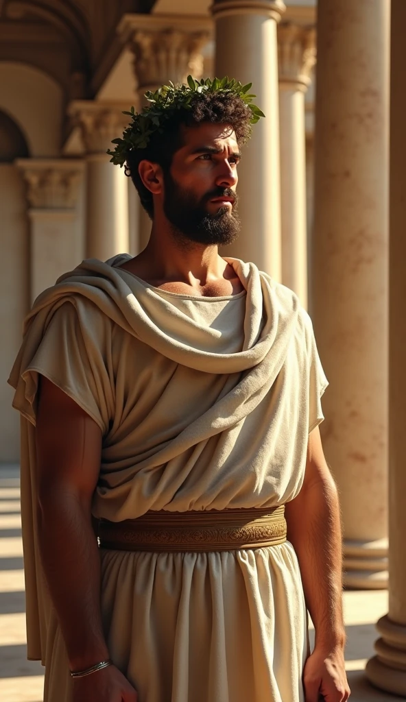 Full-body portrait of a Greek king, dressed in flowing white and gold garments typical of ancient Greece, holding a laurel wreath. The scene is set against a backdrop of classical columns and a Mediterranean landscape, captured in a realistic style with painterly details, influenced by Peter Paul Rubens and Annie Leibovitz.
