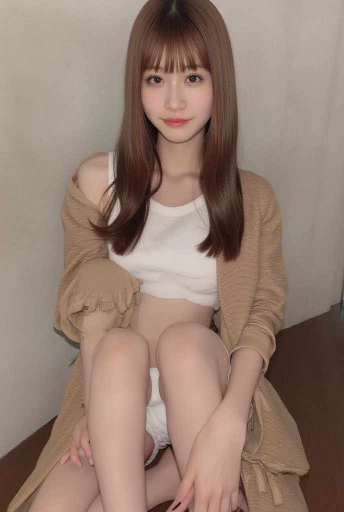 masterpiece of a beautiful girl wetting self on the bed, a puddle mud lies on the sheets. she has long hair, pp clothes (eyecontact:1.1) dripping from the leggings in JJROOM, scenery,