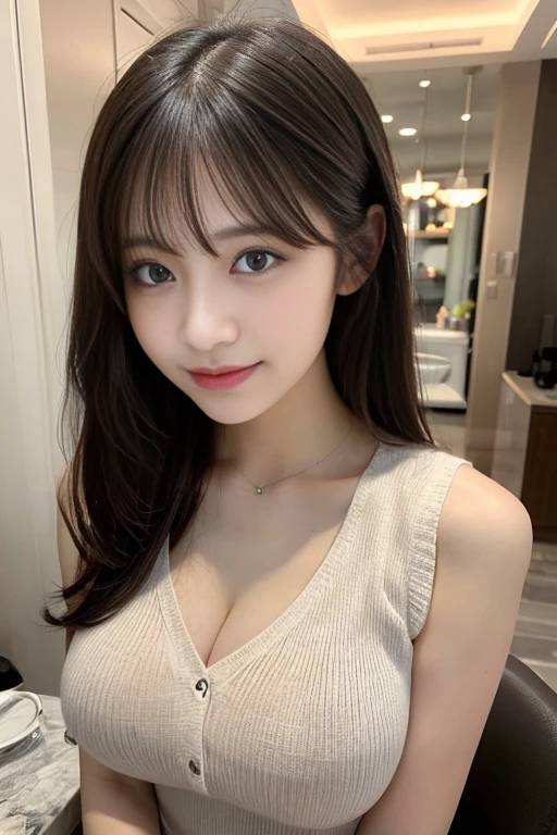 masutepiece, Best Quality, Illustration, Ultra-detailed, finely detail, hight resolution, 8K Wallpaper, Perfect dynamic composition, Beautiful detailed eyes,  Natural Lip, (Big breasts:1.4), Random sexy poses,Raw photo,kawaii,ssmile、Tight knit dress that makes your chest look beautiful - chest coordination