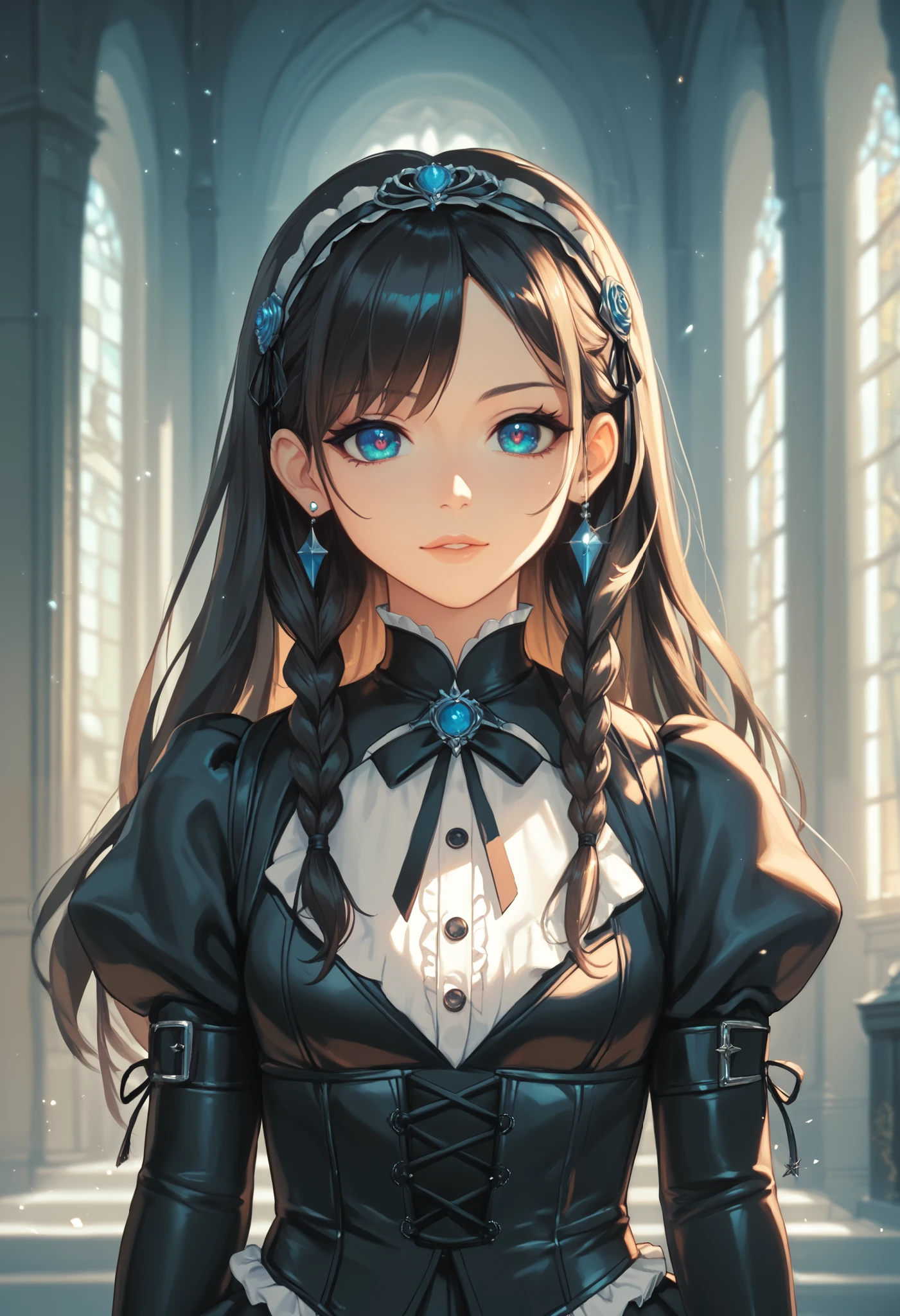 masterpiece, best quality, finely detail, Very detailed, hight resolution, Beautiful detailed eyes, Natural Lip, girl, an exquisitely detailed and beautiful face and eyes and skin, raw photo, young face, cute, slender body, long hair, braided bangs, japanese sword, castle, black gothic lolita