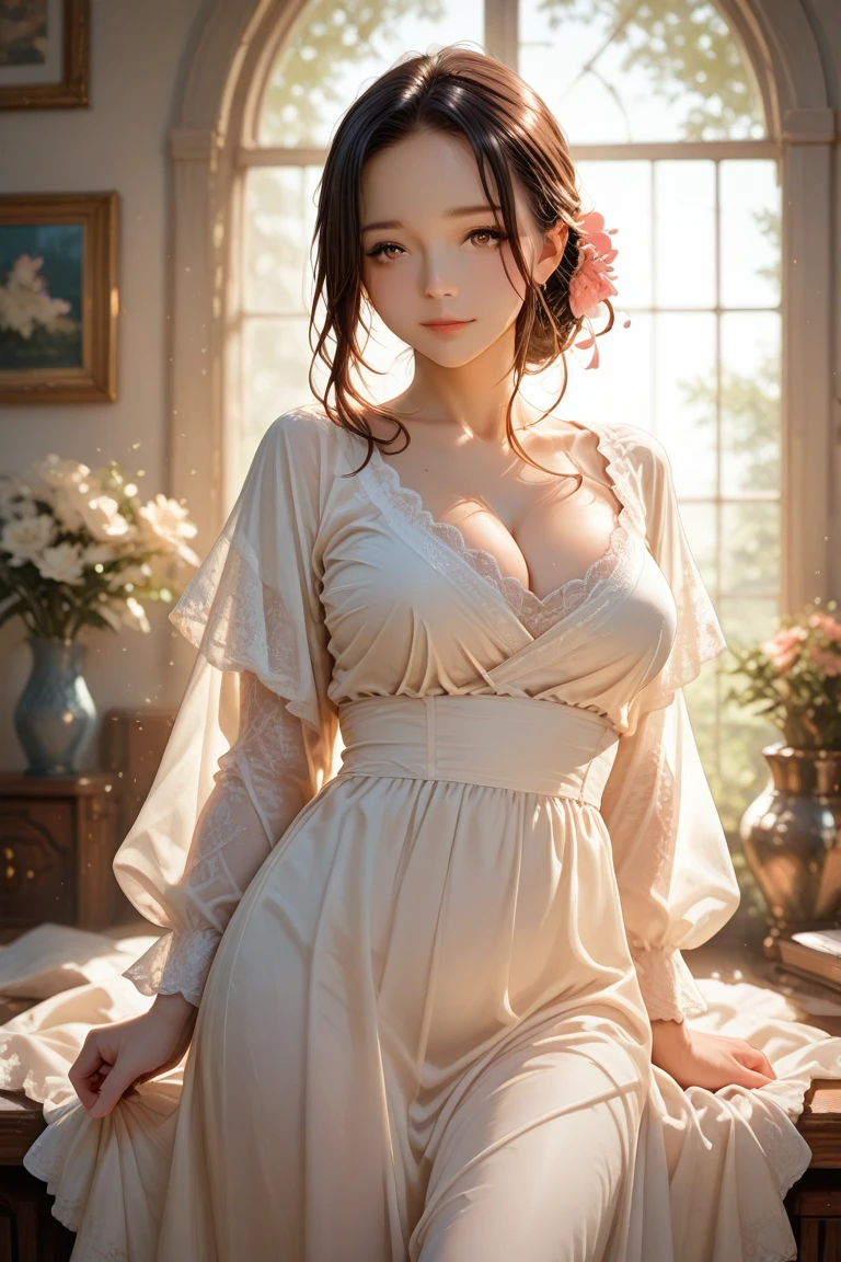 (a sexy 20-year-old model)(hanfu),(floral pattern),(deep V-neck),(plump figure),(large breasts),(long legs),(sitting on the bed),(posing for a photo),(best quality,4k,8k,highres,masterpiece:1.2),(ultra-detailed),(realistic,photorealistic,photo-realistic:1.37),(perfect lighting),(smiling),(low-angle shot). She boasts a (voluptuous,curvaceous) (figure,body) with (ample,big) (breasts,bosom) and (long shapely legs,slender long legs). She is seated on a desk in a classroom, striking a (posed,stylized) (pose,posture) for the camera. The image is of the (highest quality,best quality,4k,8k,highres,masterpiece:1.2) with (ultra-detailed,extremely detailed) (details,description) and (realistic,photorealistic,photo-realistic:1.37) rendering. The lighting is (perfect,ideal,impeccable) and (beautifully,perfectly) (illuminates,lights up) her face, highlighting her (smiling,pleased) expression. The shot (captured,taken) from a low angle (captures,showcases) her (whole entire) body.