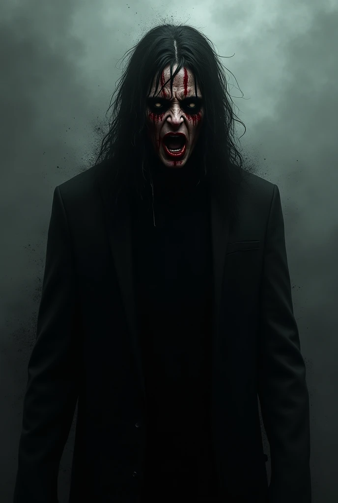 The assassin wore a black mask and had long, curly hair., red eyes and holding a bloody knife, scary dark photo color, bloody tooth smile, devil's hand
