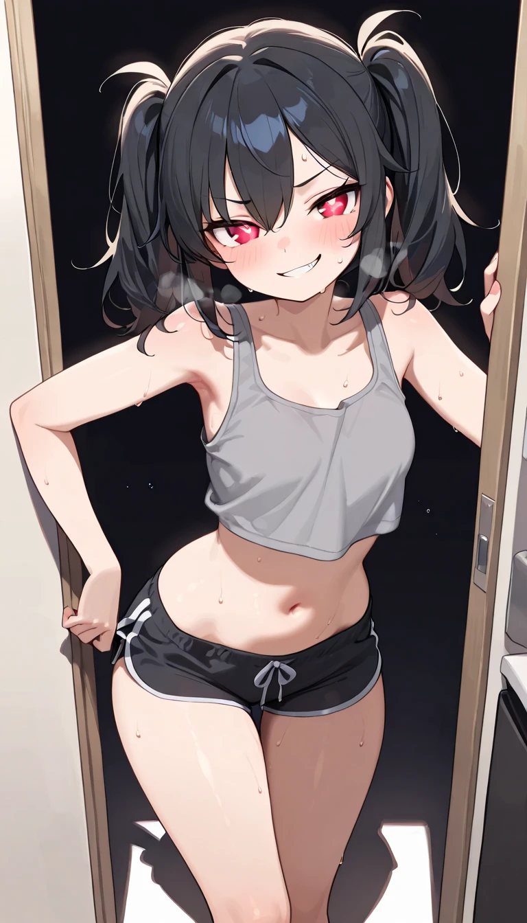 Slender, pretty high school girl, happy to see her whole body in the mirror. Just a few muscles streaks visible, short black hair, small breasts,