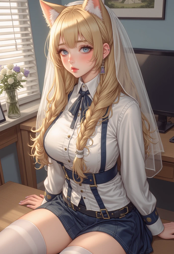 ((highest quality、High resolution、masterpiece))、Blonde、beautiful girl、Cosplay、skirt、Focus on the penis、((She gives a blowjob to a boy))