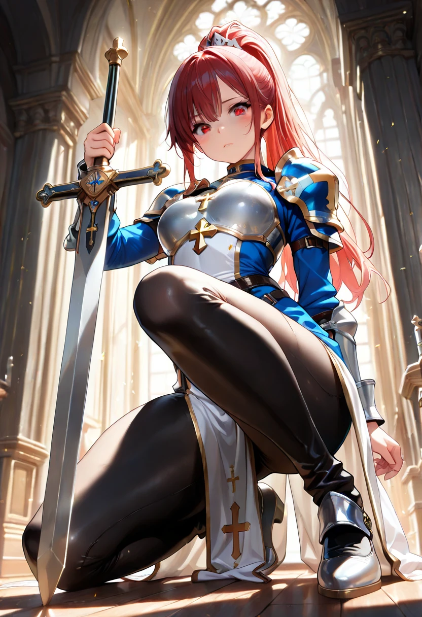 1female, girl, christian cross necklace, light armor, red hair, blue eyes, throne room background