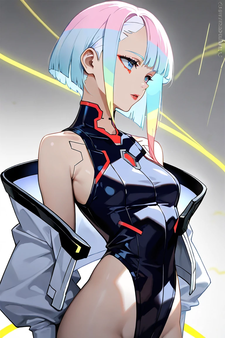 score_9, score_8_up, score_7_up, score_6_up, score_5_up, score_4_up, source_anime, aalucy, cyborg, short hair, multicolored hair, makeup, multicolored eyes, medium breasts, black leotard, off shoulder, white jacket, long sleeves, black belt, white shorts, hip vent, pantyhose, <lora:lucy_(cyberpunk)_ponyxl_v1:0.9>, standing, cowboy shot, hands on own hips, pout, frown, indoors,
