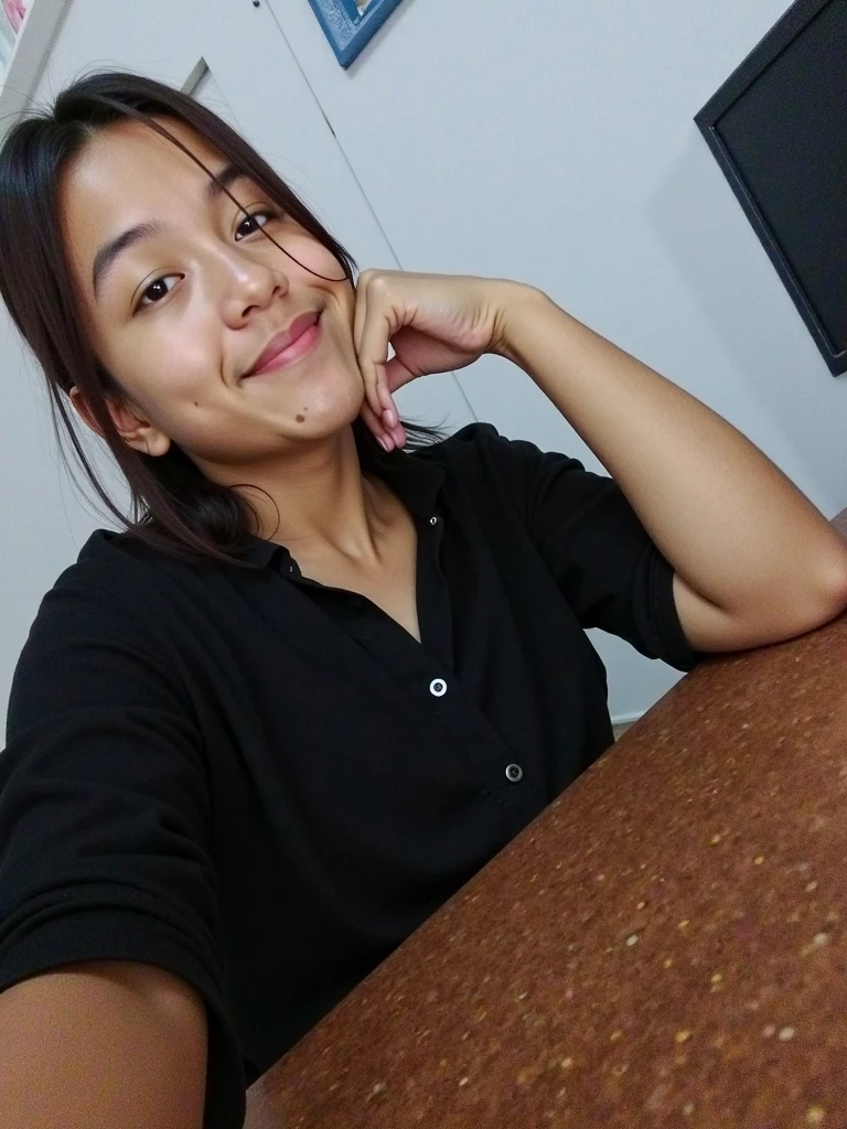 The image features a young girl smiling at the camera, taking a selfie indoors. She is wearing a black shirt, and her hair is tied back. The background is bright yellow and contains several decorative elements. There is a hanging plant in a wooden planter on the wall, adding a touch of greenery to the room. To her left, there is a chain hanging from the ceiling, possibly part of a hanging chair or swing. There is also a bed with colorful pillows, including a red pillow and a few others with mixed colors. A TV is mounted on the wall to the right. The overall ambiance of the room is vibrant and cozy.