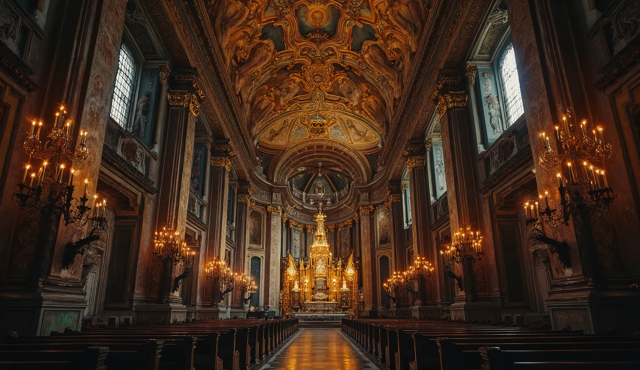  grand, ancient cathedral from the Baroque era, viewed from the entrance, showcasing the entire majestic interior, high ceiling adorned with intricate Leonardo da Vinci-style angel frescoes, ornate antique decorations with gold and marble details, dramatic candlelit ambiance with flickering flames on the altar, dark mystical atmosphere with soft glowing light, overwhelming and sacred, ultra-detailed, 4k resolution, cinematic composition