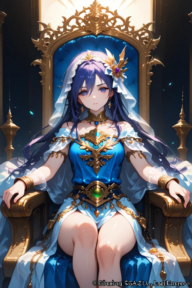 "((Masterpiece)), Best Picture Quality, Delicate Depiction, Queen in a Palace, Majestic and Noble, Wearing a Royal Robe, , HD Facial Close-Up, Youth Blue Hair, Pure Red Eyes, Crown and Earrings, Scepter." Ultra-clear 8K picture quality, high heels, showing no legs