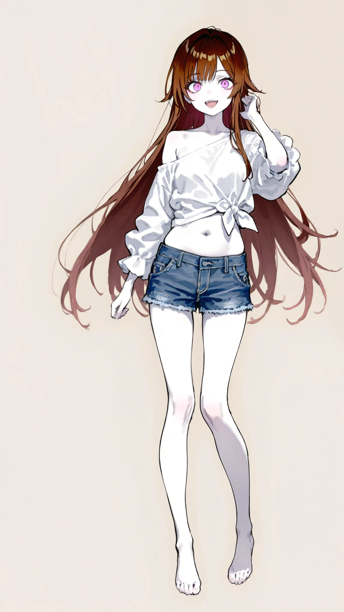 masterpiece、completely complete、super quality、top quality、Active、laugh at、Mean、Madness、 beauty、delicate、very long hair、hanging eye、sharp eyed、straight hair、long hair、anime-style、((reddish brown hair:1.5))、((purple eyes:1.5))、bungs、Pure White Skin、original characters、intricate design、Unique Design、long eyelashes、full bodyの描画、request、Possible Adoption、full body、background、((白いbackground:1.5))、full body、Pure White Skin、background無地、backgroundなし、characters only、 dull colors 、Blackened, eroded hands and feet、laughing、Laughter、Distressed denim、Belly out、Off Shoulder。