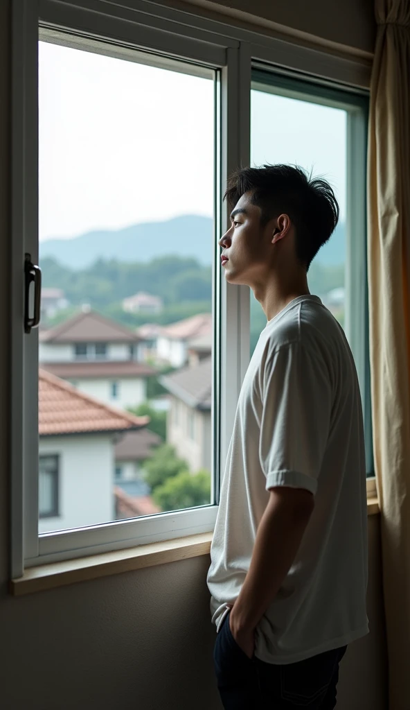 A 12 year old boy in his room on the rainy night by the window watching the viewer beautiful boy slim thin face strong chest defined slender torso