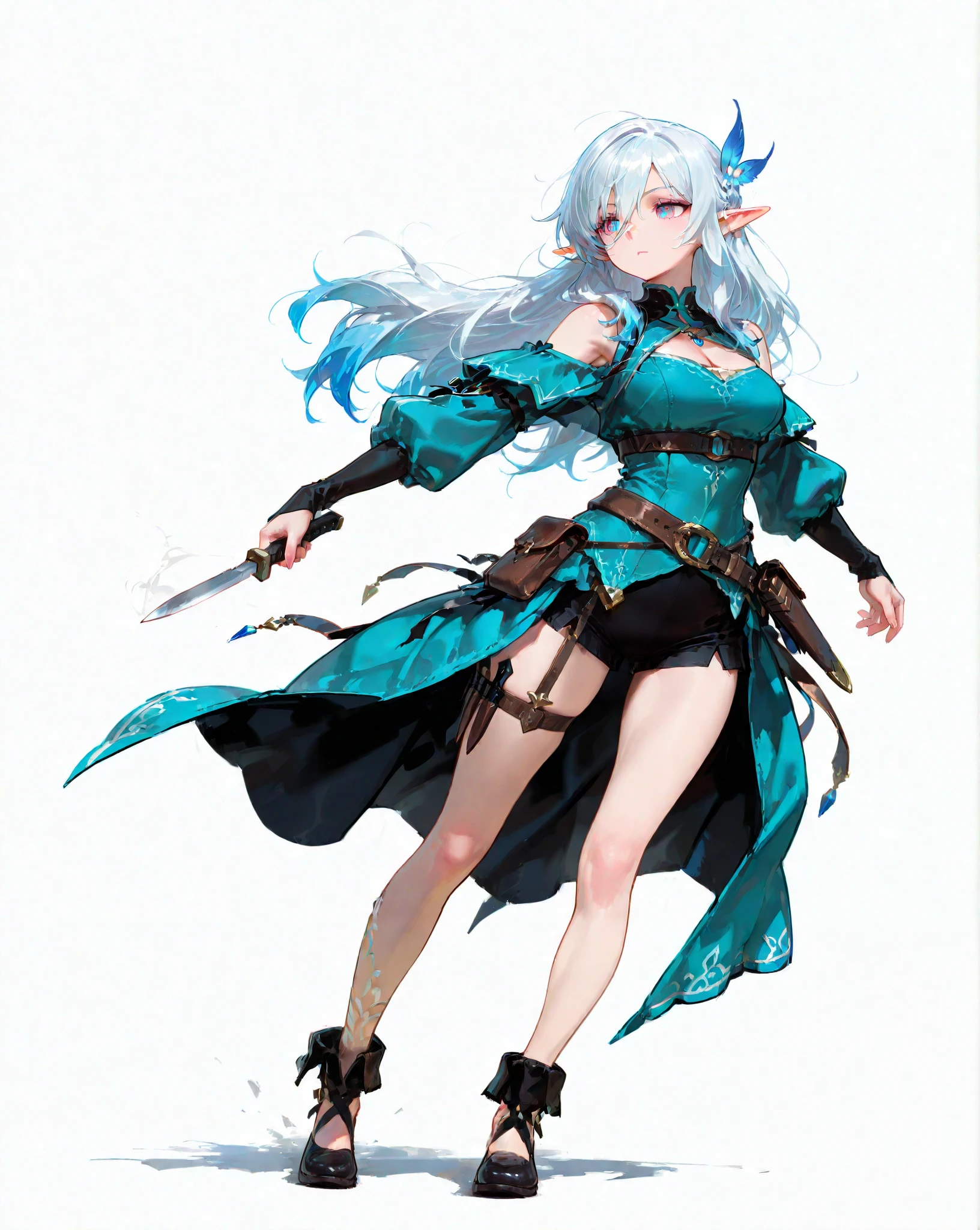 [(white background:1.5)::5], (intricate details) masterpiece, best quality, fantasy, 1girl, female, (young adult), femenine, solo, standing, looking at viewer, expressionless, (green eyes), detailed eyes, 
(green hair_feathers), ([feathers|hairstyle]), 
(((((((feathered)) hair)), ((feathers))_hairstyle))), ([green|white] Ravenclaw wind mage), 
(((big breasts)), symmetrical breast, round breasts), cleavage, thick legs, small waist, 
(skirt), magical dress, (knee boots), 
(wind magic, green wind), mage, holding magic staff, 
ufotable official art, pastel_colors,
 <lora:nomura_tetsuya_offset:0.5>, <lora:ff16style:0.5>, <lora:akagi_shun_offset:0.3>, <lora:amano_yoshitaka_offset:0.3>,