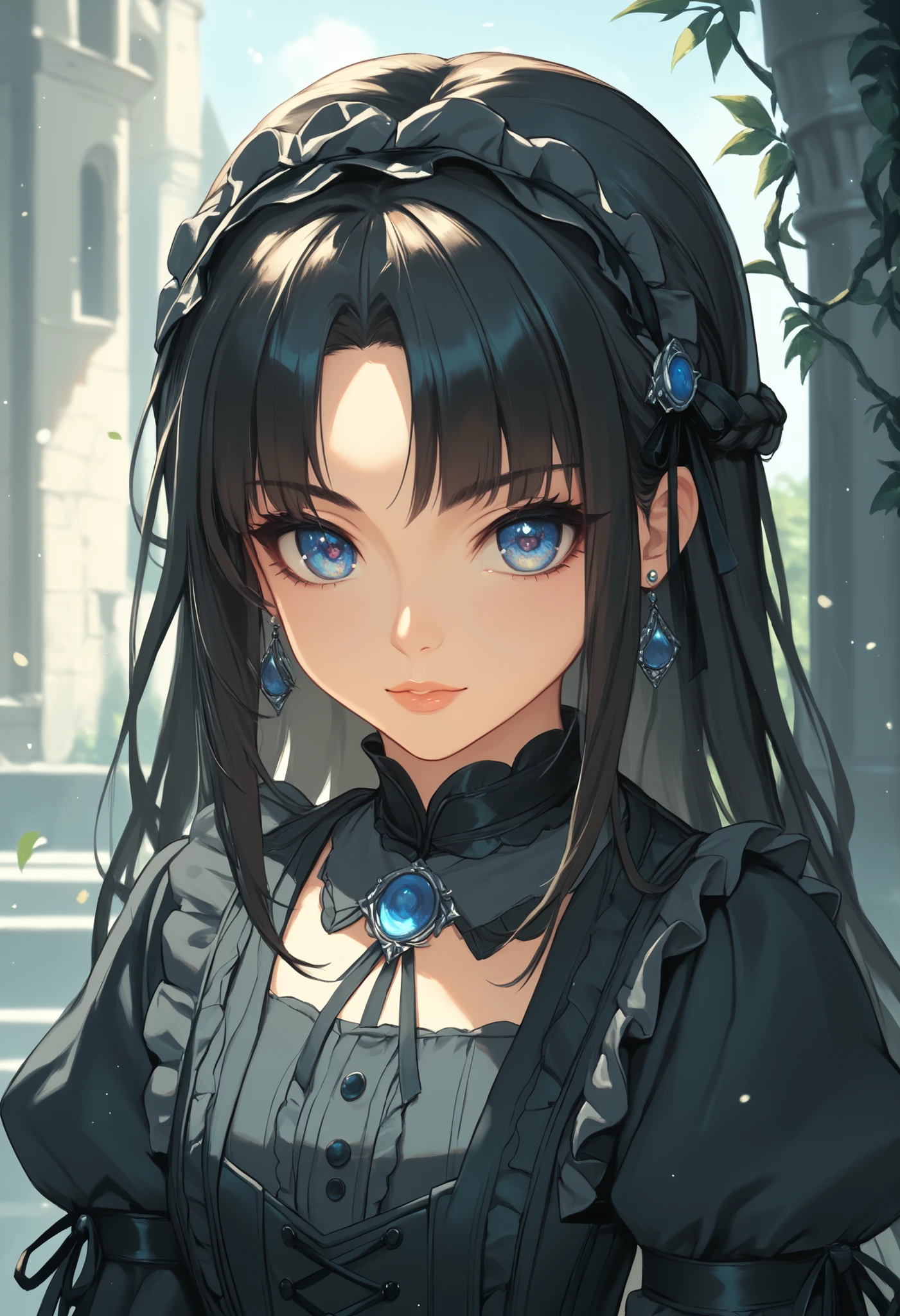 masterpiece, best quality, finely detail, Very detailed, hight resolution, Beautiful detailed eyes, Natural Lip, girl, an exquisitely detailed and beautiful face and eyes and skin, raw photo, young face, cute, slender body, long hair, braided bangs, japanese sword, castle, black gothic lolita