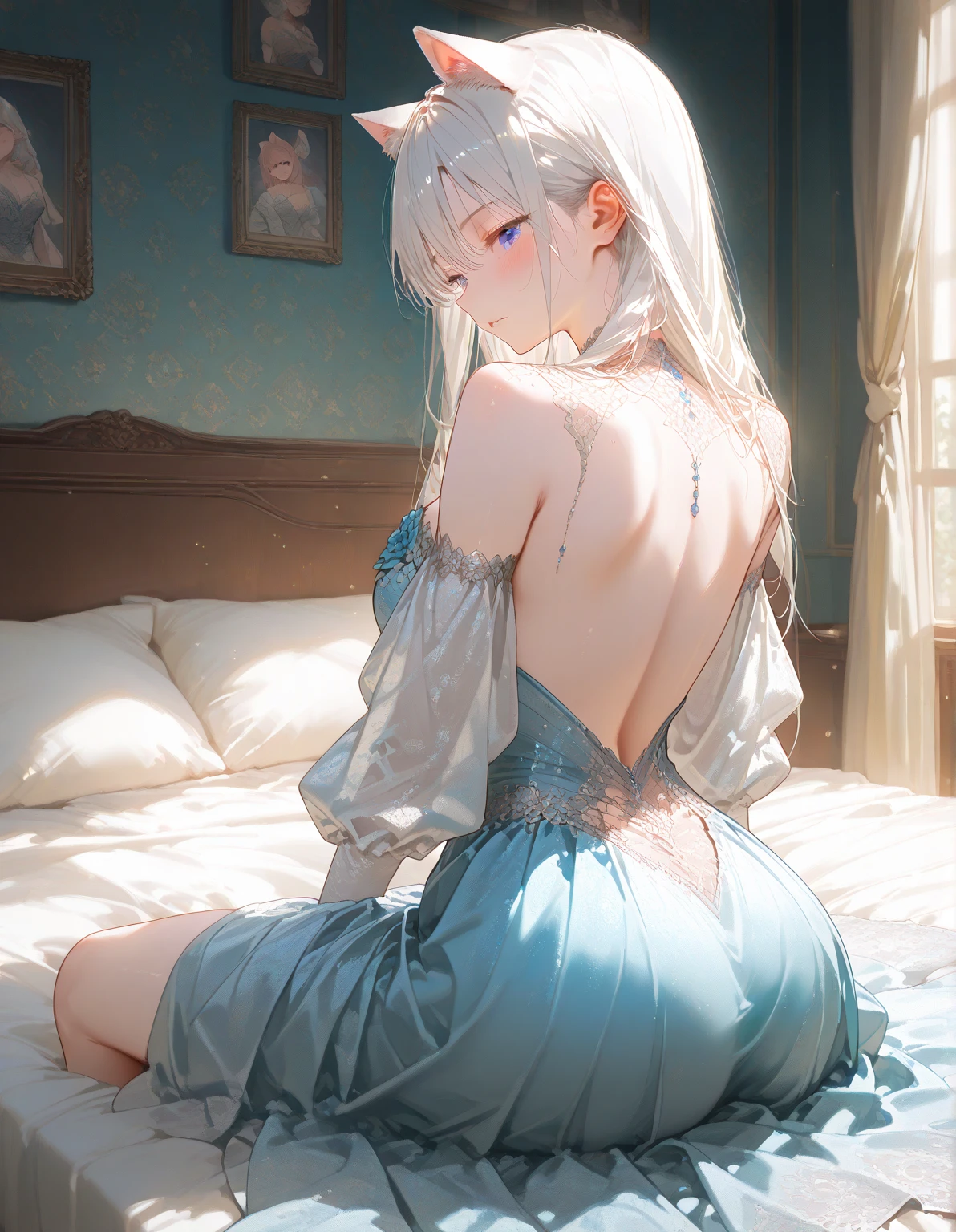 Long-haired anime girl sitting on bed, Cat ears, from the girl, Cute anime waifu wearing nice clothes, of anime girls, White-haired fairy, exquisitedetails. loli in dress, Anime 4K