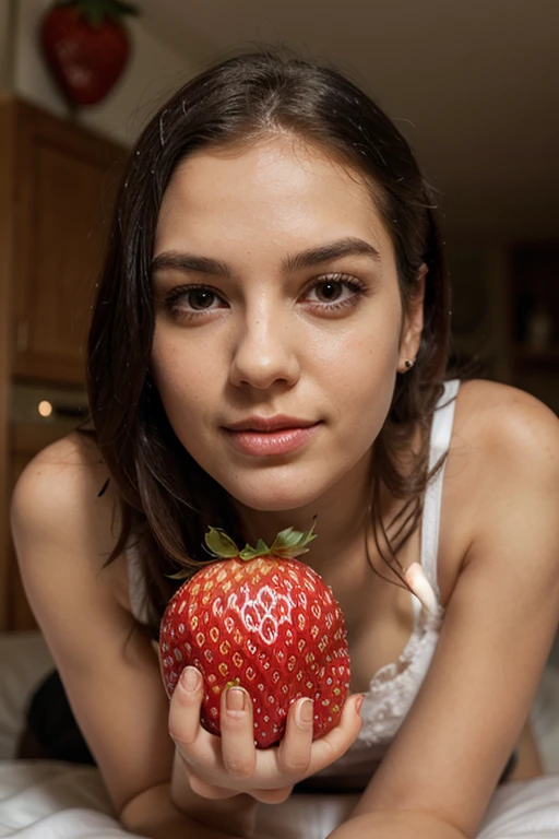 Woman biting into a juicy strawberry, sexy