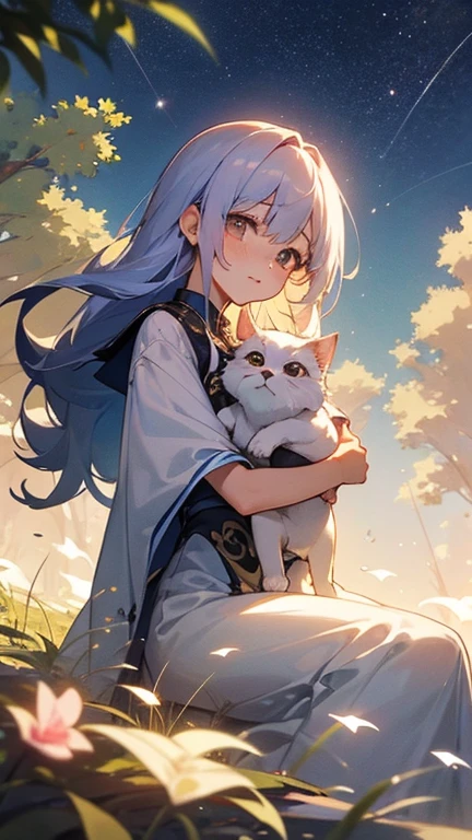 ((Best quality1.2))、((Masterpiece 1.2))、watercolor paiting、Cat((Take a cute cat 1.5))、white  hair((rainbow-colored hair))