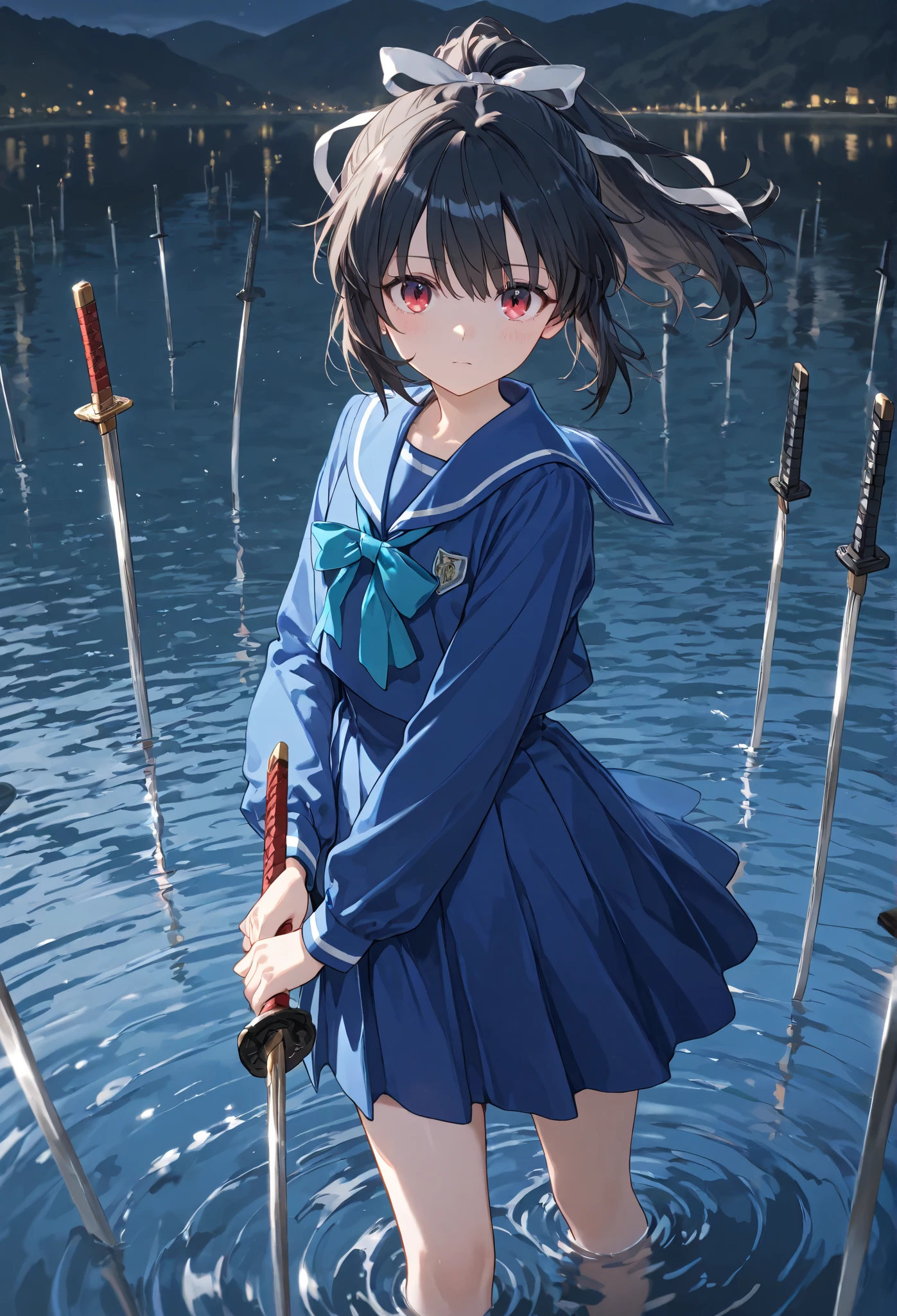 , {{{masterpiece}}}, {{{top quality}}}, {{very detailed}}, {illustrations for both eyes}, {{are very delicate, have pores, and are beautiful}},{ black hair,ponytail,ribbon,  Blue Sailor Suit  ,{{{   clear ,   clear }}}, Women with Japanese swords ,Lake Reflection Surface,Salt Lake Yuniu,Woman Reflected in Water  ,Woman Standing on Lake,