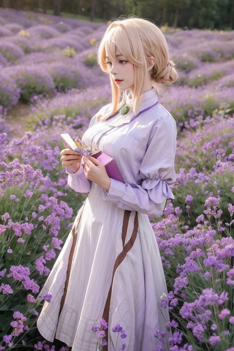 Girl with big breasts in a white dress sitting in a flower field with flowers on the dress., in dress, violet garden, Marisa Kirisame, Portrait of Lolita, visual anime of a cute girl, cute anime waifu with a nice dress, anime girl dressed as a maid, in bowater art style, Beautiful lady, highly detailed exquisite fanart, fanart oficial, shojo vintage