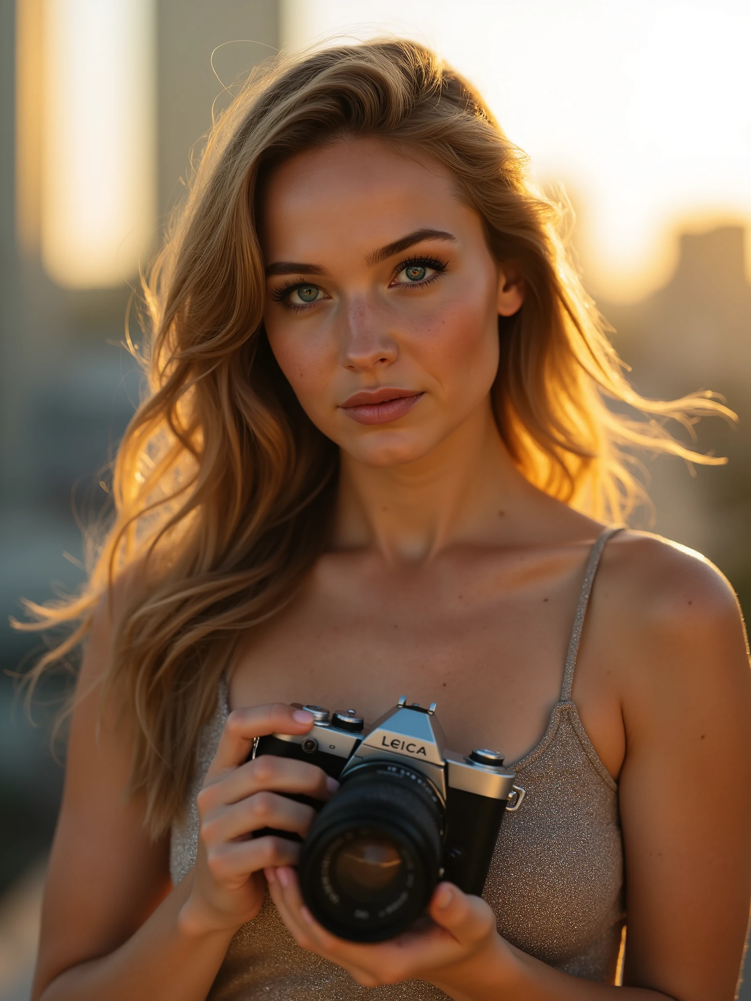 A breathtakingly beautiful woman with piercing blue eyes, holding a vintage Leica camera. 44dd natural perky saggy breast.She stands in golden-hour light, her hair softly blowing in the wind. The background is a blurred urban cityscape, creating a dreamy bokeh effect. Hyperrealistic, ultra-detailed, cinematic lighting, National Geographic style.