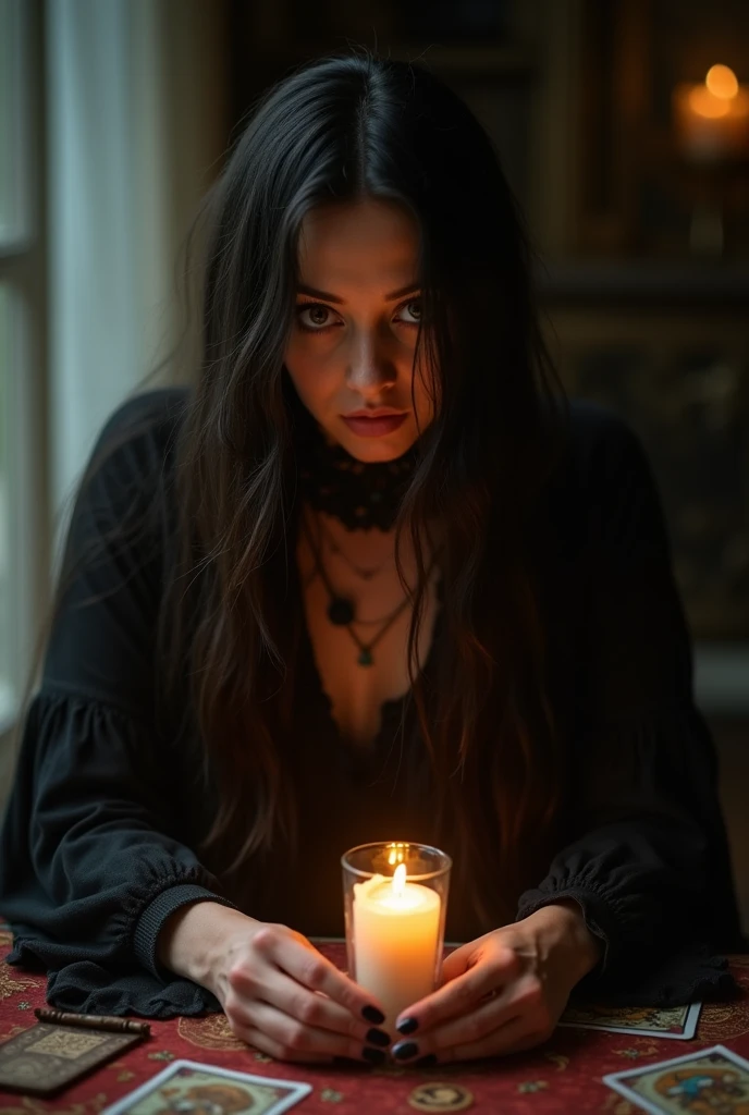 film grain,cinematic film still,Photo of a 20-year-old mysterious female magician,(very dark) old library,nigth,candle, flame