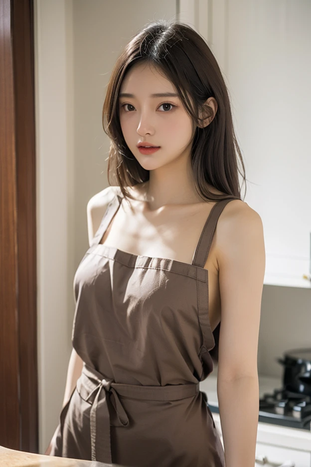 hightquality、masterpiece、ultra res、cute girl face、kitchin、barechested、pinafore、Naked apron、full bodyesbian、Famous actresses of Japan、very beautiful face, 8K, sharp focus, natural (big breast:1.3), nude, (long hair).