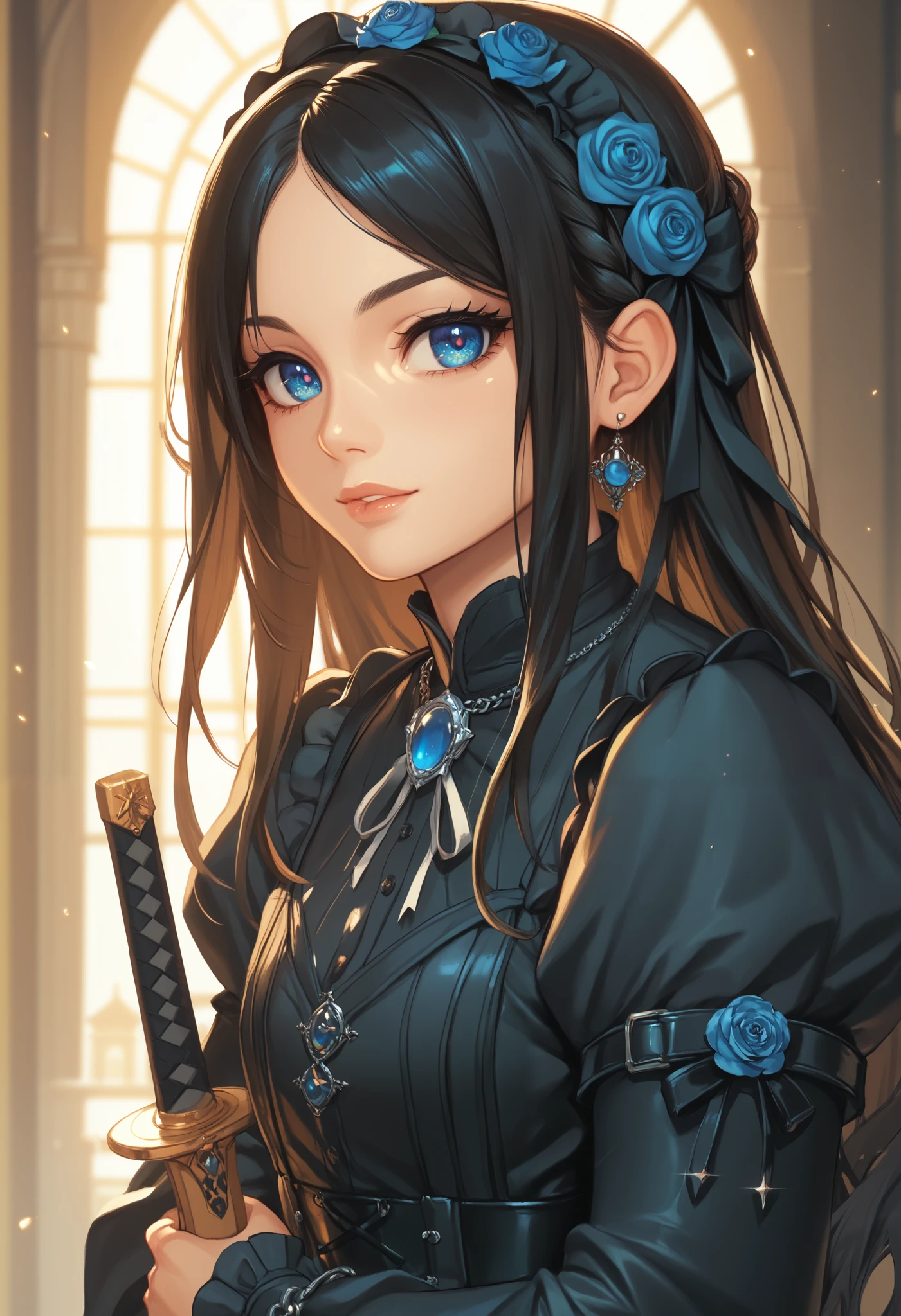 masterpiece, best quality, finely detail, Very detailed, hight resolution, Beautiful detailed eyes, Natural Lip, girl, an exquisitely detailed and beautiful face and eyes and skin, raw photo, young face, cute, slender body, long hair, braided bangs, japanese sword, castle, black gothic lolita