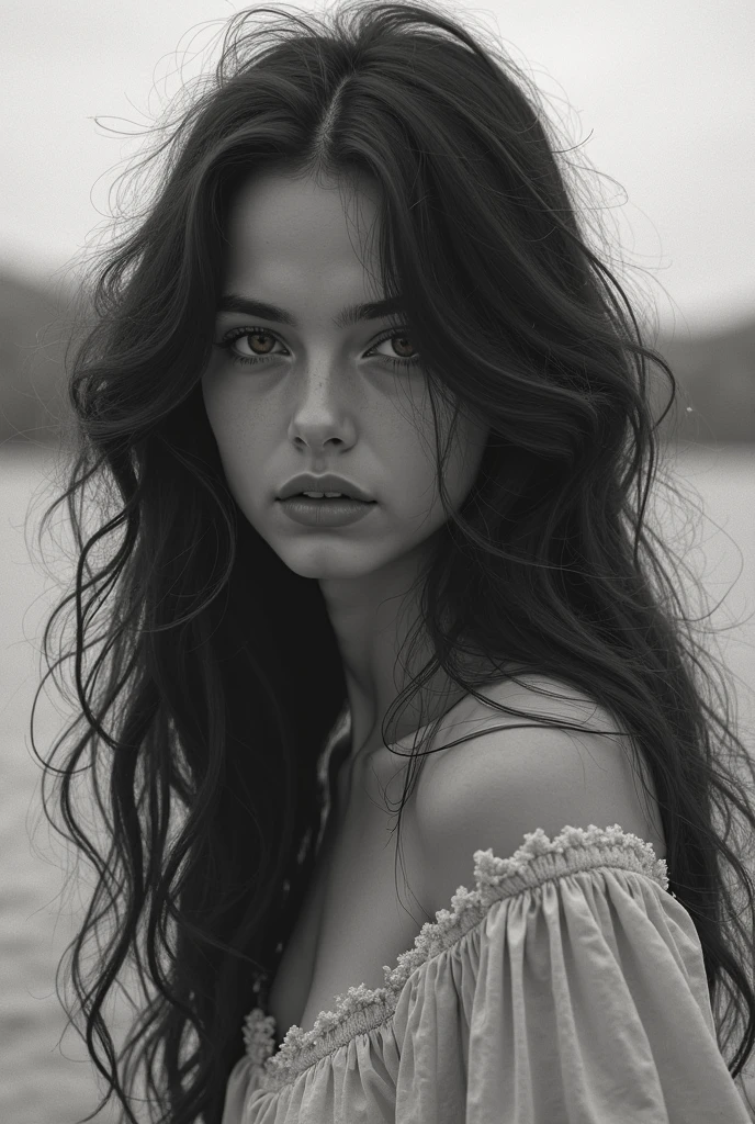 Black and white image of a young woman, long curled hair, moody, wearing autumn clothes, ((big bust)) photorealistic, symmetrical face, symmetrical eyes, soft pastel colours, intricate, path tracing, illustration, insanely detailed, path traced hair