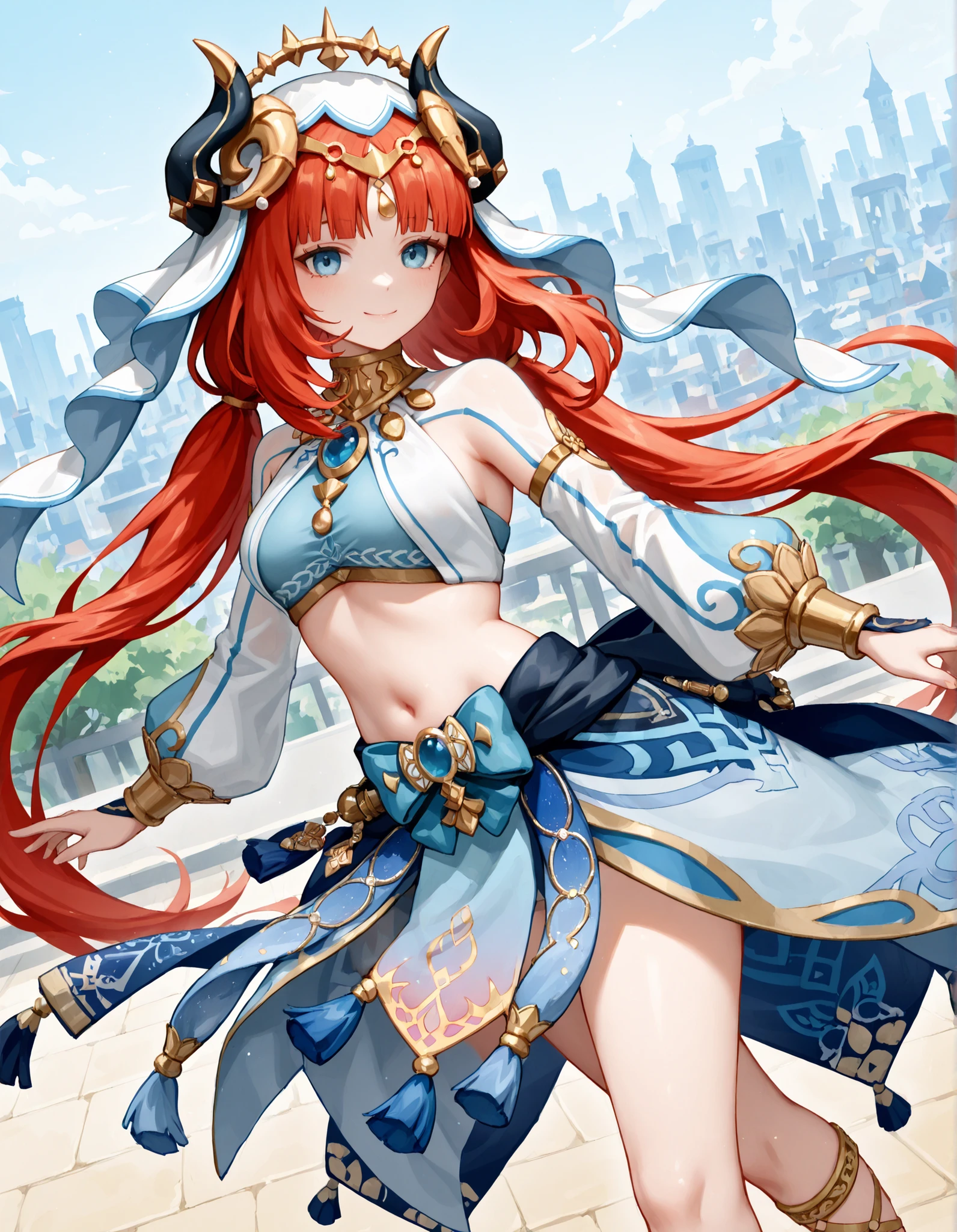 Nilou:1.3, Genshin,niirou:1.3,genshin, detailed eyes:1.3,red hair, hair with gradation,twin tails, blue-gray eyes ,long hair, smile,blue skirt, bracers, circlet, crop top, dancer , detach sleeve, fake 角, gladiator sandals, gold footwear , gold trim,jewelry by T, long sleeve, collar , puffy long sleeve, puff sleeves,thigh,white headwear, White sleeves, white sheer ベール,outdoors,cityscape of Shumigaoka,viewers, Dutch angle, cowboy shot