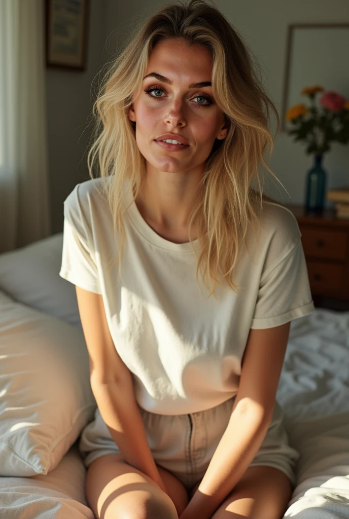 "A detailed full body image of a young woman with wavy light blonde hair, standing at home, dressed casually in a very loose long white t-shirt that looks like a dress. Blue eyes and a challenging look. He is short in stature, with a curvy figure that includes prominent buttocks and medium, round breasts. She is standing next to a window with natural light that gently highlights her figure.."