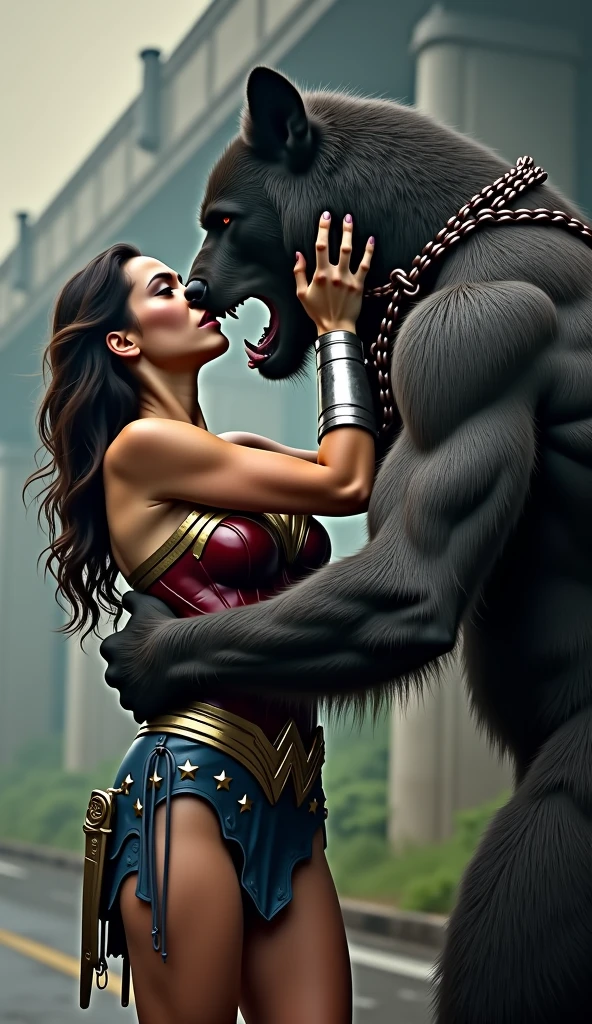 Hot Wonder Woman in a sensual fight against a dog hotter puts more breast on her almost naked
