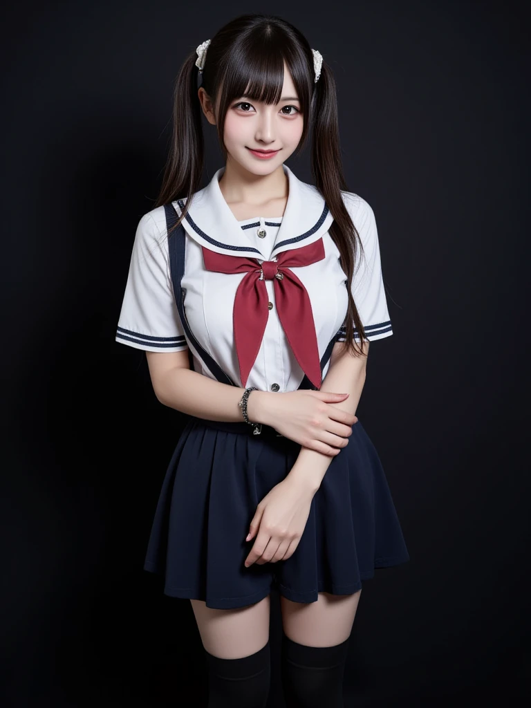 cute, girl, junior high school student, black hair, twin tails, , short sleeves, short skirt, white socks, small bust, blush, smile, see-nipples