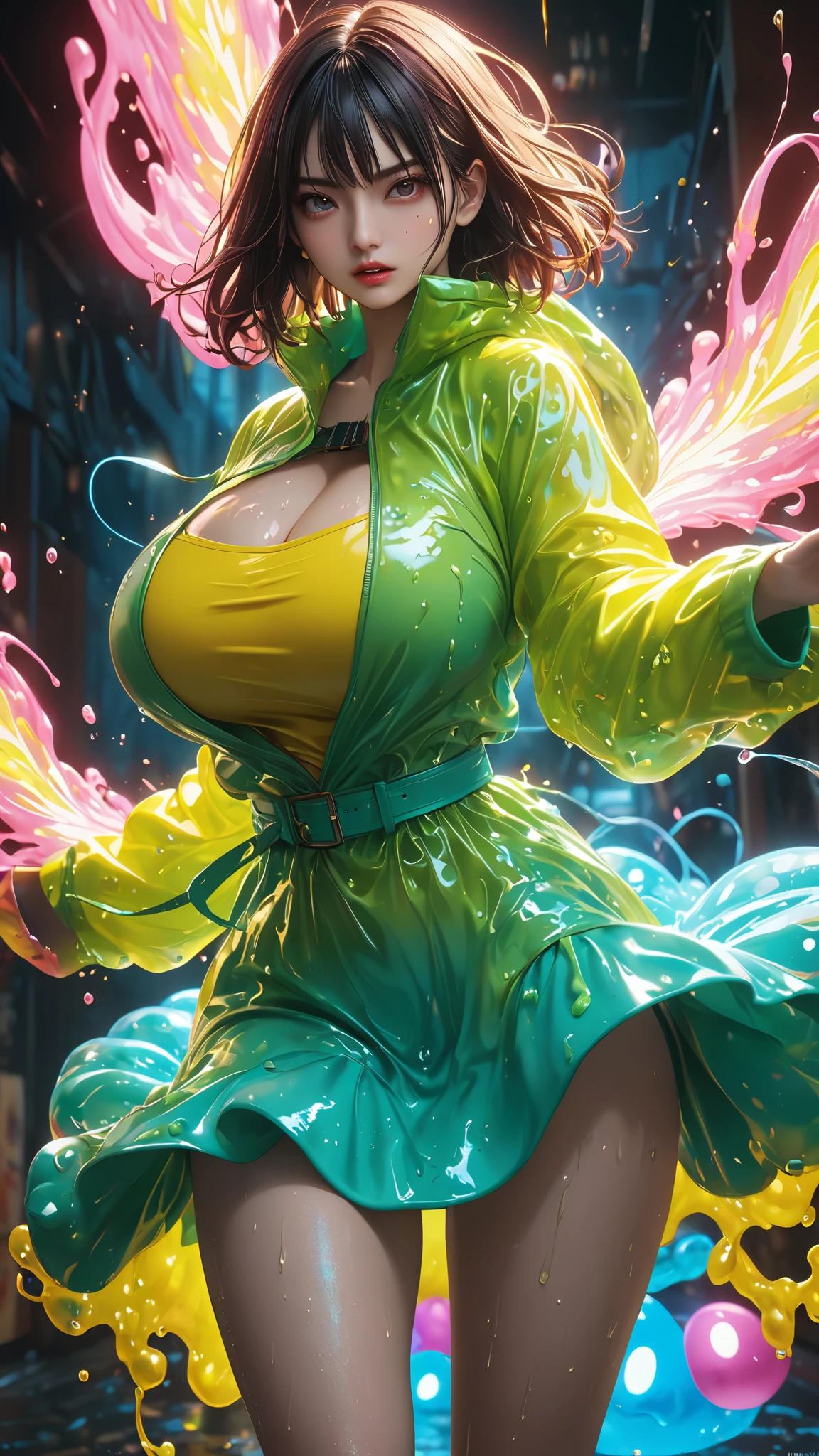 female、slimy golden slime coat, Bloody,ray tracing, masterpiece, masterpiece, ultimate、Top Quality , super quality , irrational detail , best light, best shadow, sharp, sharp image,details, extremely details, high definition, 16k, 超high definition,real rendering、 Lightning Particle Effects , beautiful effects, bright color , neon light, neon, light, close-up、 super huge breasts:1.5 、Extra thin waist :1.5、 super huge butts、slime feathers、 Super Realistic Textured Faces and Skin、photorealistic、Original photo、Unconventional、 horror、dynamic motion:1.2、beautiful symmetrical face、Realistic 3D CGI 、Real Digital Art 、crawl all the way、 Ultra Realistic Faces:1.2、Diagonal view、skirt:1.2、Luxurious Outfits、Soaking wet、Slime Flame、From top to top、Under attack、 offensive posture、Attack Stance、 attack pose 、