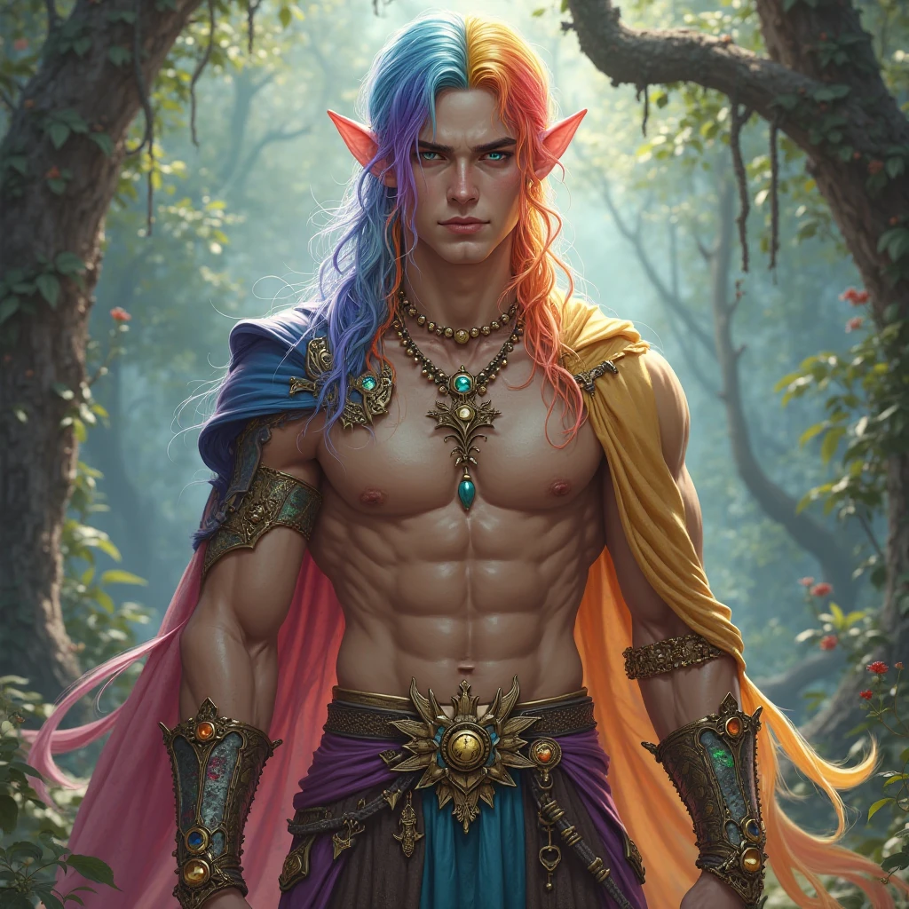 ---
Create a highly detailed and realistic fantasy portrait of a **male sorcerer** with **elven features**. He has a slender but defined face, characterized by high cheekbones, a sharp jawline, and **pointed ears**. His skin is fair with a sprinkling of **freckles** across his cheeks and nose, giving him a youthful, almost ethereal appearance. His eyes are a piercing **light blue**, exuding a mystical and intense gaze that hints at his magical prowess.
His hair is composed of long, **thick dreadlocks** that cascade past his shoulders, blending shades of chestnut and blonde. Some of the dreadlocks are adorned with small trinkets, beads, and wraps, adding a tribal and earthy feel to his appearance. He has a neatly trimmed
---